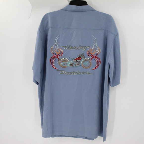Tommy Bahama shirt Mens Large Harley Davidson Embroidered Silk Short Sleeve blue - Picture 1 of 15